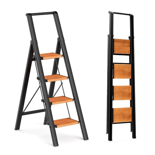 Image of 4 Step Ladder, Lightweight Aluminum Folding Step Stool with Convenient Handgrip, Stepladders with Anti-Slip and Wide Pedal for Home Use Space Saving - Black+Woodgrain