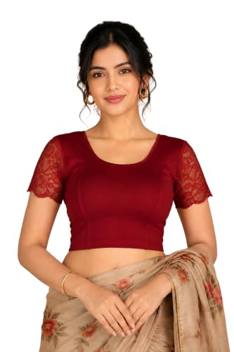 Image of Abhi Cotton Readymade Saree Blouse for Women- Half Net Sleeves, Round Neck, Regular-fit, Stretchable, Pull-on Style Blouse