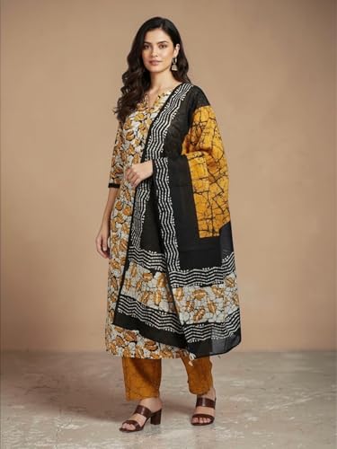 Image of Eddika women unstitched hand block printed cotton suit set with mulmul dupatta ehbpcswmd0120P