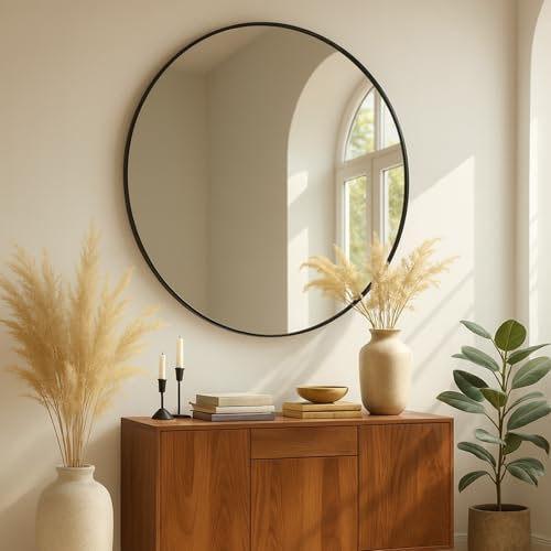Albatros International GmbH Espejo redondo negro con borde de metal, 70 cm de diámetro, para salón, baño, pasillo, dormitorio, pared grande