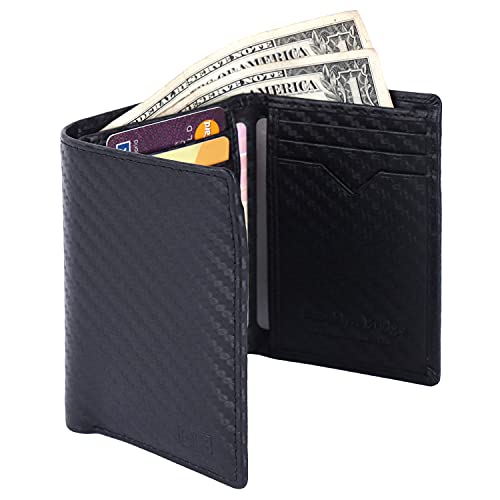 Image of Brooklyn Bridge Genuine Leather Trifold Wallet for Men Genuine Leather Trifold Wallet Card Holder for Men, RFID Protection, Mens Wallet, Purse, Tri Fold, ID Card, Gift for Men Boys Carbon Fiber Black