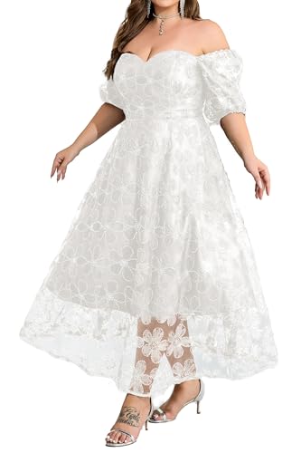 Women White Plus Size V Neck Empire Waist Sequin Lace Embroidered Dress