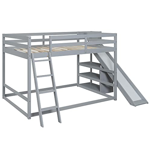 Image of Bellemave Bunk beds Full Over Full Size Slide and Stair, Low bunk Bed for Kids,Grey
