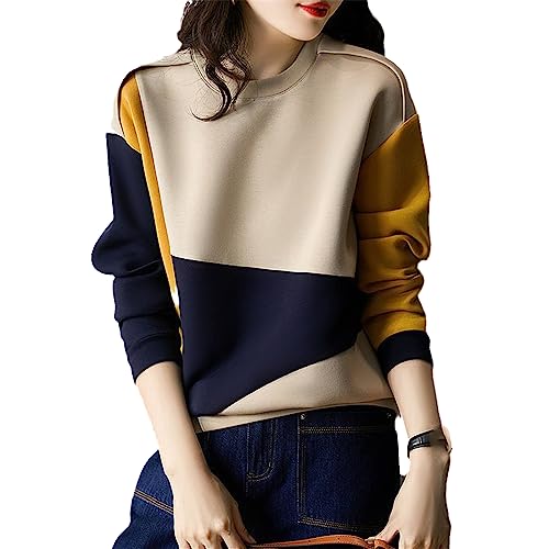 Female Round Neck Long Sleeve Contrasting Colors Casual Patchwork Spring Autumn All-Match Loose Sweatshirts s1 M