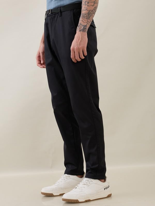 Image of Nostrum Men's Smart-Casual Tapered Trousers for Men, Charcoal, Cotton Corduroy, Mid Rise, Regular Slim Fit with Adjustable Belt, Side and Back Pockets, Casual Wea