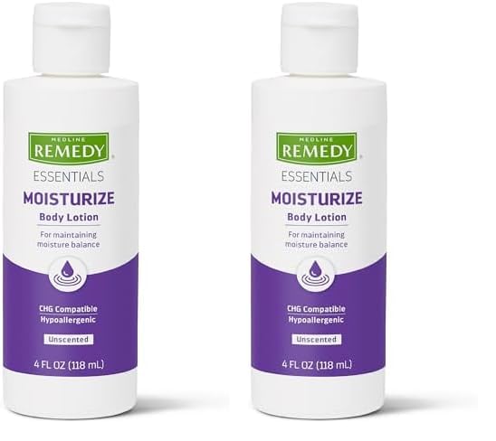 Medline Remedy Essentials Moisturizing Body Lotion (4 oz Bottle), Unscented, Hydrating, Non-Greasy, For Dry Skin, Hypoallergenic, Men, Women, Elderly (Pack of 2)