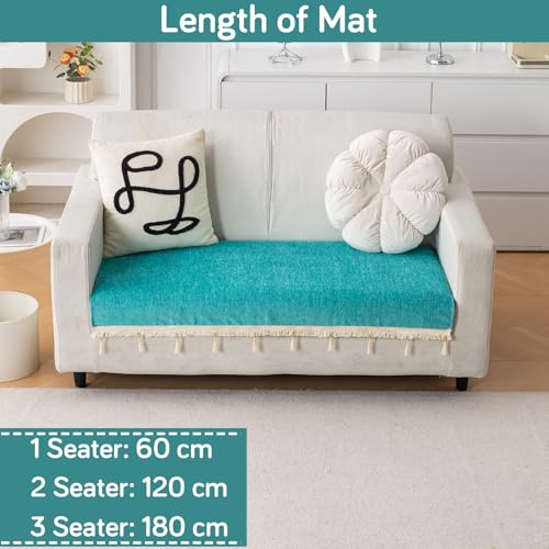 Image of HOKIPO 'Serenity Tassel' Chenille 2 Seater Sofa Cover with Tassel - Ocean Teal (IN-891-SBL)