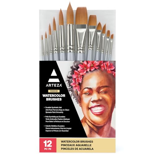 ARTEZA Watercolor Brush Set of 12, Synthetic Hair, Round & Flat Brushes for Watercolor, Acrylic,