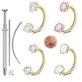 ONESING Anillos de nariz de herradura de 18 g para mujer, acero inoxidable con doble gema, aros de nariz plateado/dorado, cartílago, hélice, tragus, herradura, joyería de nariz, joyería hipoalergénica