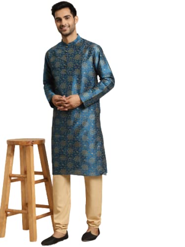 Sojanya (Since 1958 Men's Silk Blend Peacock Blue Printed Only Kurta Size: 36