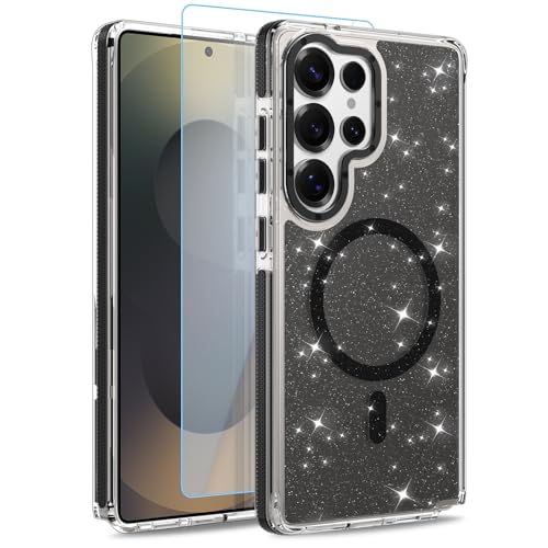 Image of Magnetic Case for Samsung Galaxy S25 Ultra [Compatible with Magsafe] [Bling Glitter Fluorescent Design] [1 Screen Protector] Slim Translucent Matte Case for Galaxy S25 Ultra 6.9 inch, Black