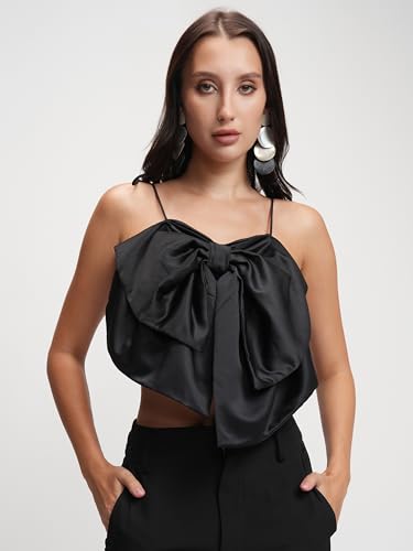 Image of Tokyo Talkies Women's Shoulder Straps Sleeveless Crop Top | Front Bow Detail | Playful & Chic | Perfect for Casual & Day Outings | Tops for Woman | Women Tops | Women Crop Top