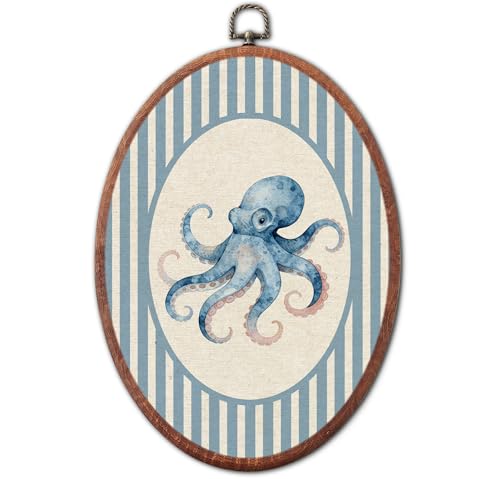 Image of Vintage Octopus Nursery Oval Wall Art Framed, Blue Striped Sea Creatures Framed Canvas Prints, Unique Retro Boy or Girl Gift Hanging Wall Decor for Kids Toddler Room Bedroom Playroom, 8.6x11.4 Inch