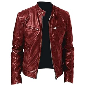 Generisch Ledermantel Herren, Lederjacke Herren Bomberjacke Leather Jacket Bikerjacke Motorrad Jacke Ledermantel Bikerjacke Vintage 50Er Jahre Outfit Kunstlederjacke, Red, XL
