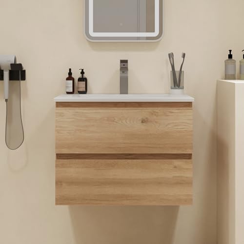 LDarqeer 600mm Bathroom Vanity Units with Basin Wall Mounted Bathroom Sink Cabinet with 2 Soft-Close Drawers Moisture-Resistant Floating Ceramic Basin Bathroom Vanity Wood Grain Design