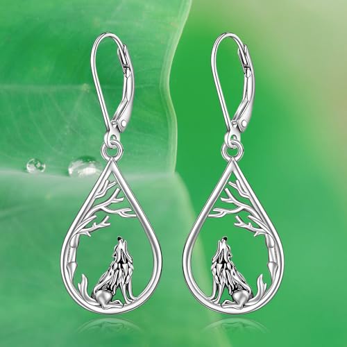 Wolf Earrings Wolf Earrings for Women Sterling Silver tree Black Wolf Earring Viking Celtic Dangle Gifts Halloween Christmas Jewelry 5