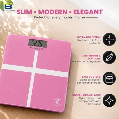 Image of Btag Premium Digital Body Weight Scale | 26x26 cm Wide Platform | Clear LCD Display | Anti-Skid Base | 180 kg Capacity Cross Design (Pink)
