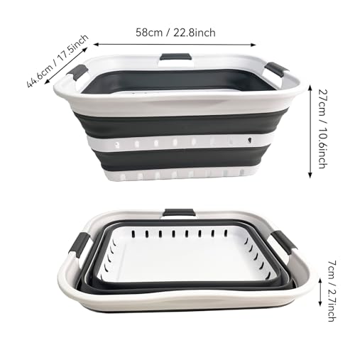 Image of SAMMART 42L (11 gallons) Set of 2 Plastic Foldable Storage Basket /Container - Collapsible, Space Saving and Portable Laundry Hamper, Ideal for Home, Travel, Dorm, and Camping (2, White /Steel Grey)