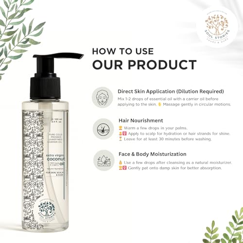 Image of Soul Stories Extra Virgin Coconut Oil 100ml | 100% Pure Cold Pressed Oil for Hair, Face & Body | Helps Nourish Dry Skin, Improve Shine & Support Healthy Scalp | Lightweight Daily Care Oil