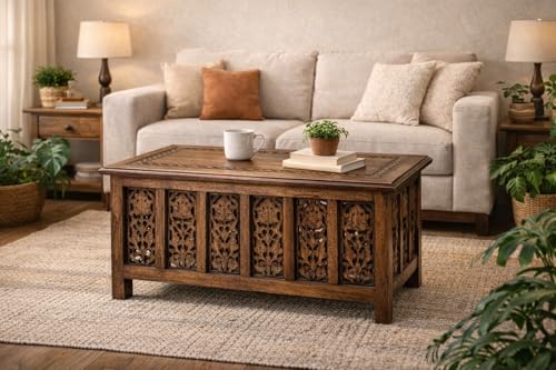 Coffee Table 36x18 Inch &ndash; Hand-Carved Solid Wood Center Table, Vintage Burnt Finish...
