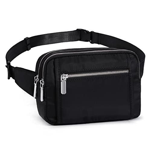 UTO Fanny Pack for Women Men Belt Bag Waterproof Nylon Waist Pack Fashion Lightweight Chest Bags with 3 Zip Pockets, 1117 Ace Black, Small
