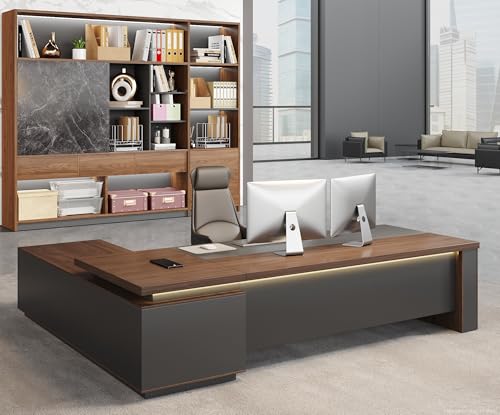 Reversible L-Shaped Executive Desk with Drawers, LED & USB