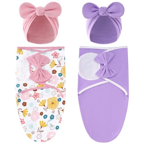 Image of Cinaci 2 Pack Adjustable Soft Cotton Blend Newborn Baby Receiving Swaddle Blankets Sleep Sacks with Big Bow Hats Caps Beanies Bonnets for Baby Girls Newborns Infants (Floral Pink+Purple)
