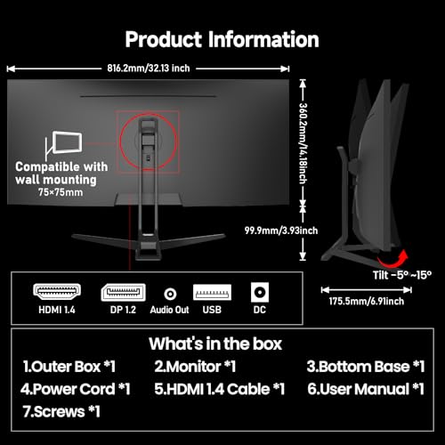 Image of Gawfolk Gaming Monitor 34 inch IPS 120Hz, Ultrawide PC Screen 2560x1080P Ultra-Thin Zero Frame Computer Display for Home Office Business, DP, HDMI, Wall-Mounted, Black