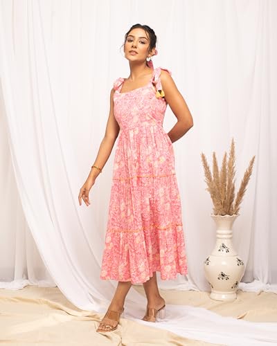 Image of FIORRA Women's Fit And Flare Knee Length Cotton Block Printed Western Knee-Length Dress