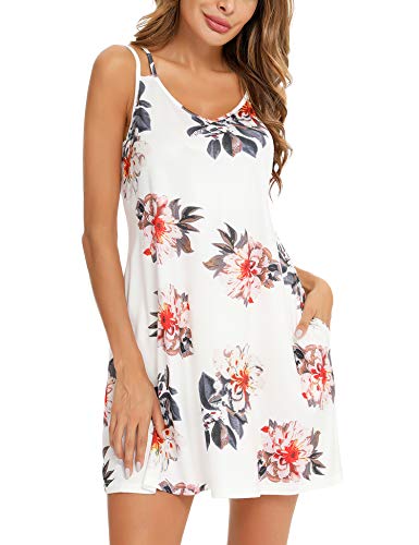 Phizoi Women's Nightgown Print Nightshirt Tank Summer Sleep Dress Plus Size Sleepwear With Pockets S-3Xl(White3,Medium) #TOP1