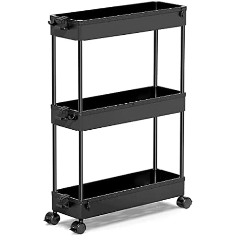 SPACEKEEPER Storage Trolley 3-Tier Slim Storage Cart Slide Out Rolling Utility Cart Mobile Shelving Unit Trolley Organizer Cart for Kitchen Bathroom Laundry Office, Plastic & Stainless Steel, Black Cover