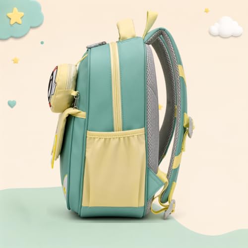 Image of Zemba Kids School Backpack, Space Explorer Theme with Astronaut and Rocket Design, Teal and Yellow, Polyester, Ages 2-6 Years