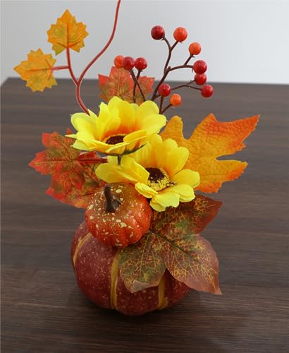 Ansuma Thanksgiving Artificial Pumpkin Ornament, 9 Inch Fall Maple Leaf Sunflowers Harvest Centerpieces for Halloween Thanksgiving Floral Arrangement for Porch Tabletop Decorations (Sunflower)