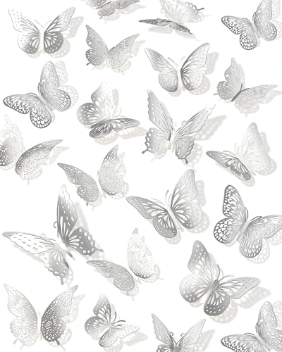 Image of 72Pcs 3D Butterfly Wall Decor,Silver Butterfly Decorations, 4 Styles 3 Sizes Removable Butterflies Wall Stickers Kids Bedroom Cake Nursery Room Decor