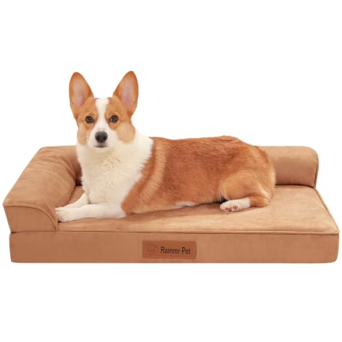 Image of Rainmr Microsuede Dog Bed Orthopedic Washable - Small Medium XLarge Dogs - Memory Foam Couch Sofa with Waterproof Removable Cover, 35x23 Inches, Khaki