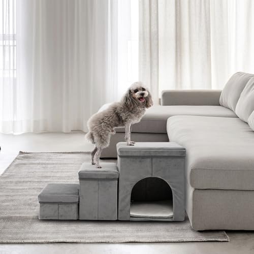 3 Stufen hundetreppe für kleine Hunde hundetreppe mit stauraum für Bett Sofa 40cm hoch katzentreppe für alte Katzen Schwamm haustiertreppe grau blau