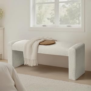 47″ End of Bed Bench, Modern Fabric Upholstered Bench with Solid Wood Frame | White Entryway Bench with Cushion Seat Ottoman Bench for Bedroom, Living Room, Window, Hallway, Foyer, Reading Footrest Stool