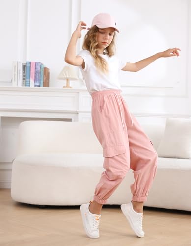 Image of Girls Cargo Pants Elastic Waist Casual Jogger Pants for Girls Streetwear Loose Parachute with Pockets 7-14Years