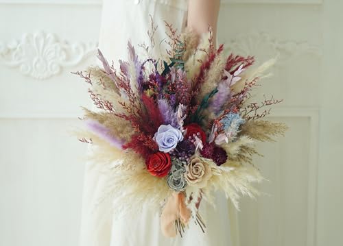 Ramo de flores secas beige y rojo estilo boho rústico miniatura 6