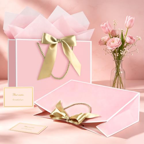 Image of JMANNI Gift Bags with Handles, 13 inch Medium Gift Bag for Presents, 2 Pcs Bags with 4 Tissue Paper and 2 Cards for Baby Shower Wedding Bridal Shower Mother's Day Birthday Party (Pink-white)