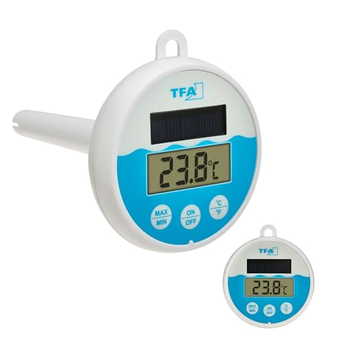TFA Dostmann Digitales Poolthermometer mit Solarenergie, 30.1068.02, schwimmend im Wasser, für Pool/Teich/Schwimmbad/Whirlpool geeignet, mit Befestigungsleine (1m), Solarbetrieben, weiß-blau