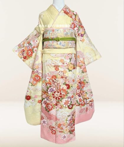 正絹 金彩牡丹に菊御所車模様振袖 クリームイエロー×薄桃 正絹金彩牡丹