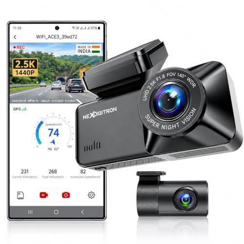 NEXDIGITRON ACE 3 Dual Dash Cam, Native 2.5K & Upscaled 4K Front, Full HD Rear, Built-in GPS Logger, Made in India, Super Capacitor, Wide Angle Lens, 