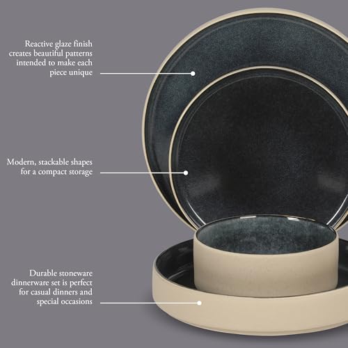 Image of Gibson Elite Liberty Bay 16-Piece Pottery Clay Stoneware Dinnerware Set - Blue Reactive Glaze, Stackable Plates and Bowls W /Pasta Bowl, Service for 4 - Microwave & Dishwasher Safe