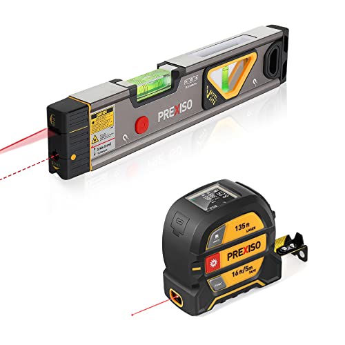 PREXISO 2-in-1 Laser Level Spirit Level with LED Lights, 100Ft Point + 30Ft Line & PREXISO 2-in-1 Digital Laser Tape Measure, 135Ft Rechargeable