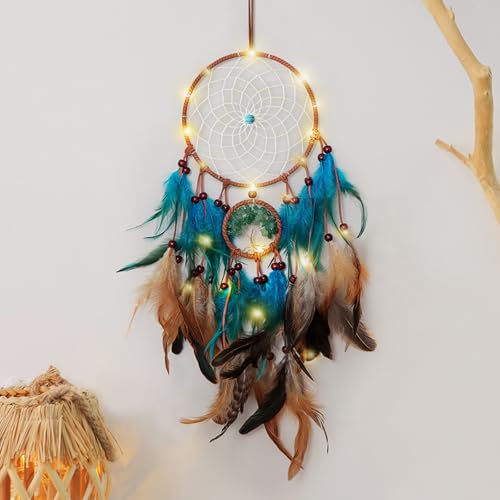 Capteur De Rêves en Plumes, Dsaren Attrape Rêve Lumineux Fait Main Mobiles Attrape-Rêves Rétro Romantique Décor pour Fille Mobile Decoratif Maison Chambre...