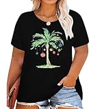 Plus Size Christmas in July Shirt Women Palm Tree Graphic Tee Funny Hawaiian Vacation Top Summer Beach Party T-Shirt Black