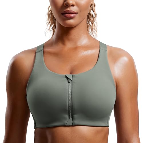 CRZ YOGA Womens Zip Front High Impact Sports Bra - Molded Cup Adjustable Convertible Straps Wireless Workout Yoga Crop Top Grey Sage 34DD