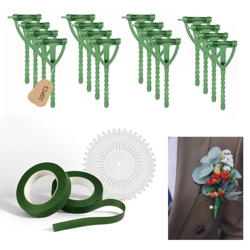 Fruvalin 20 Packs of brooches and Dark Green Floral Tape - Triangular Design Ultra-Light Never Falls Off DIY-Friendly - Ideal Groom Best Man Wedding Dance Graduation Floral Designer