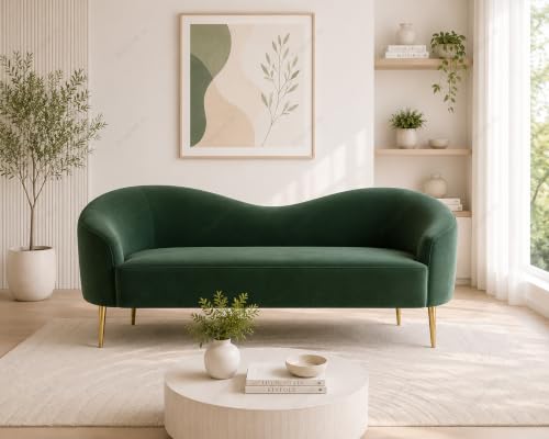 Image of Rosewood Luxury Curved Sofa in Premium Velvet-Fabric | Solid Wood Structure | High Density Foam | Sturdy Golden Legs | Comfortable & Stylish Couch for Modern Living Room (Green, 2 Seater)